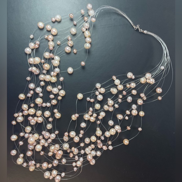 New! Freshwater Cultured Pearl Necklace, 14 Rows Floating w/ Soft Pink Hues - Picture 2 of 7